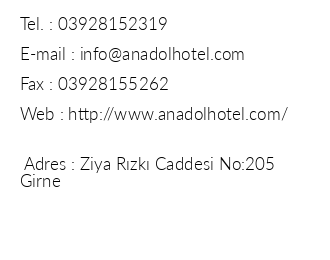 Anadol Hotel iletiim bilgileri